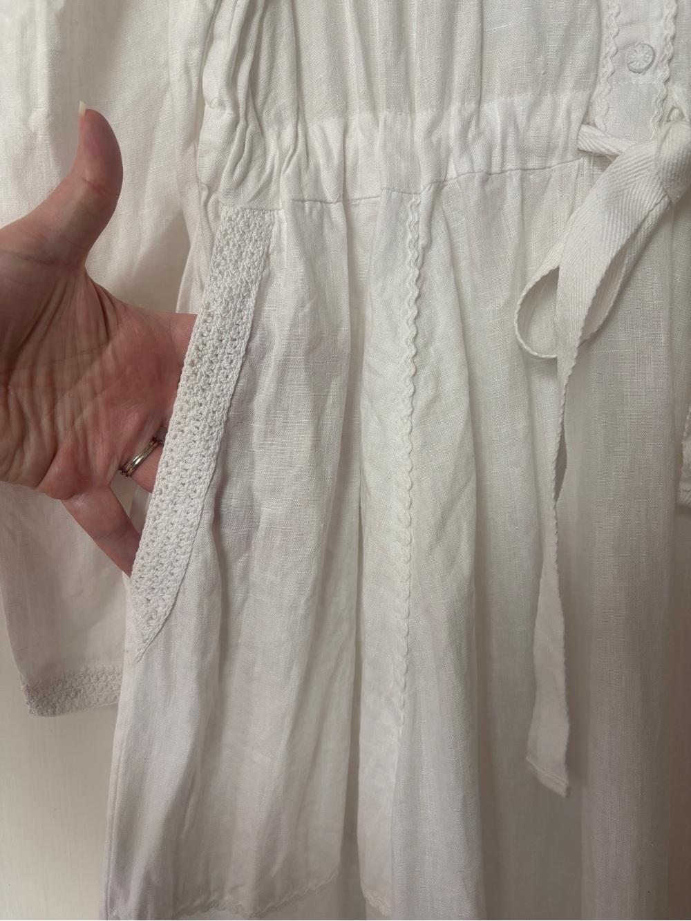 ULLA JOHNSON Fiona Midi Dress Bone White 100% Linen Size 8 Crochet Collar Tie - Picture 8 of 16